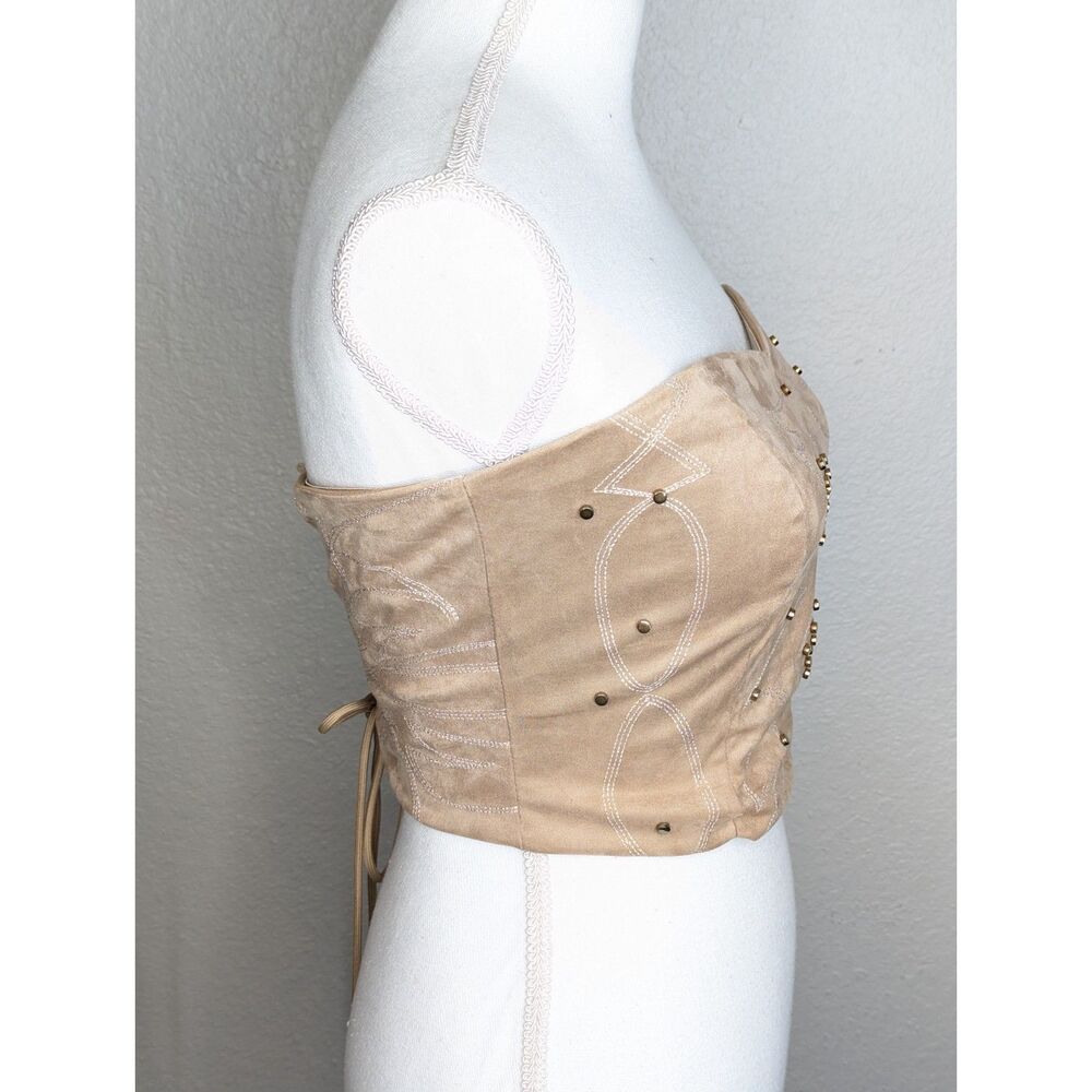 NWT Buckle Blue B Studded Faux Suede Tube Top S Western Brown Sand Lace Up Back - Picture 5 of 11